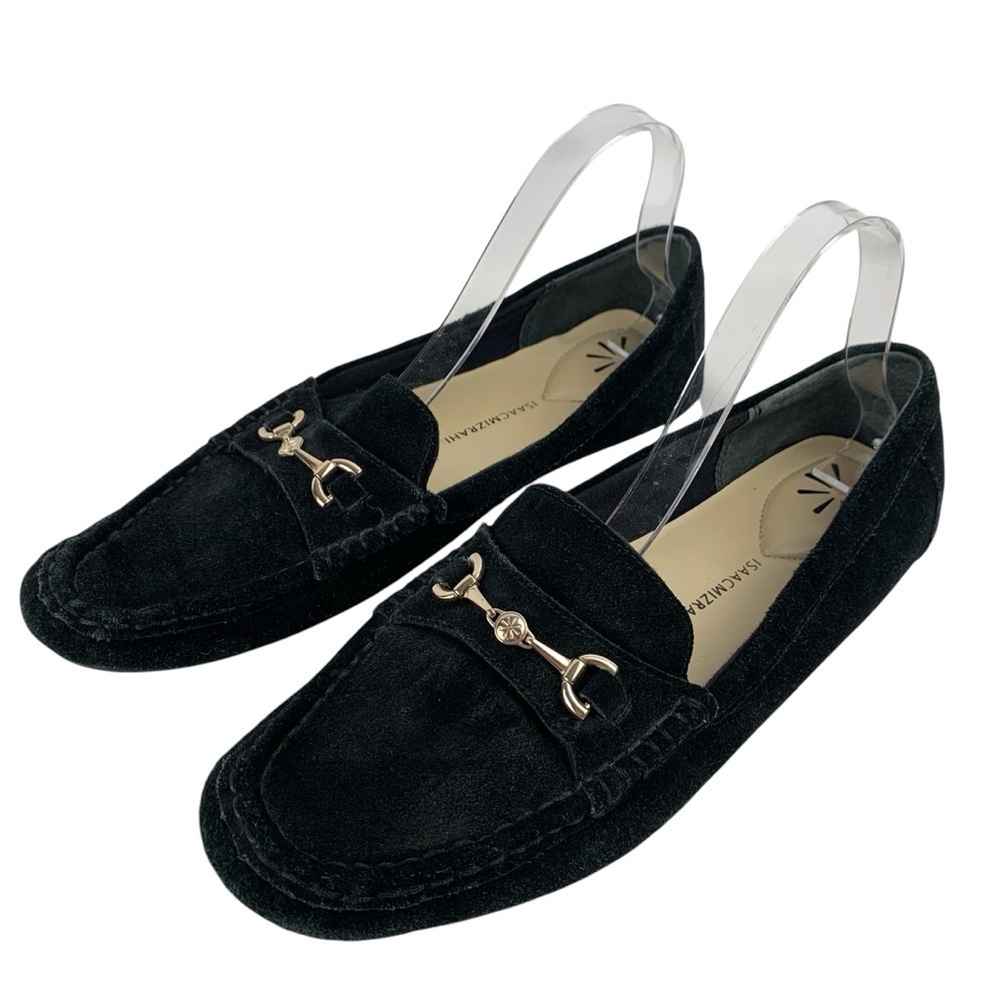 Isaac Mizrahi Live 11M Black Suede Driving Loafers Gold Horsebit Buckle Preppy